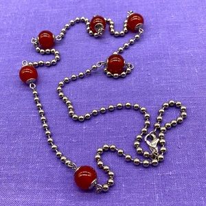 Vintage stainless steel 32 inch length ball chain necklace w/ carnelian stations